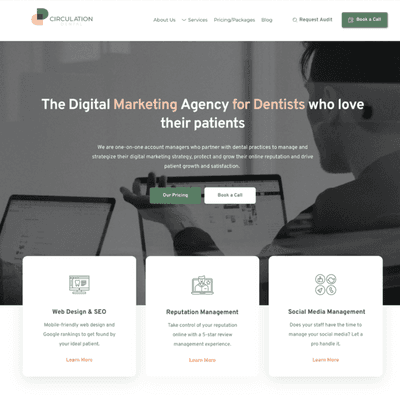 Homepage screenshot for dental marketing company web design project.