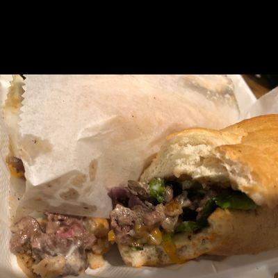 What's in this photo? Not a Philly cheese steak. Not sure what kind of meat it is but it's gross.