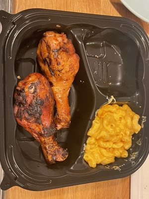 Two drumsticks and some Mac and cheese from the cermak hot food bar