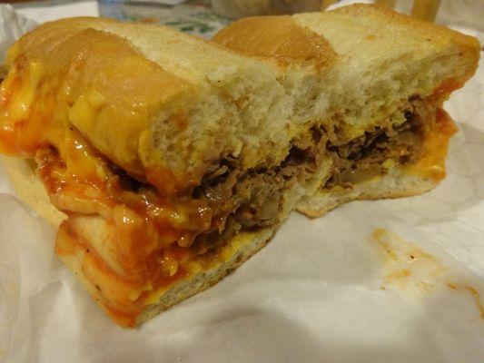 Cheese Steak with fried onions and whiz.