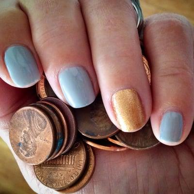 grey gel polish with a pop of copper and a penny for your thoughts