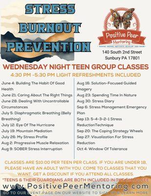 Wednesday Night Teen Group Class Schedule