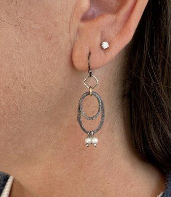 Oxidized Silver and Pearl Earrings