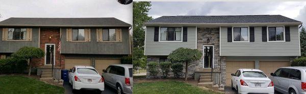 Before & After  New roof, siding, shutters, gutter and stone work