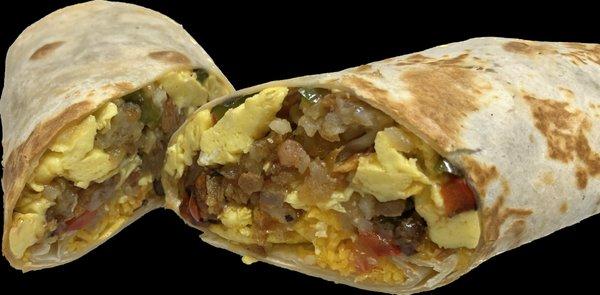 Build Your Own Kountry Breakfast Burrito
Comes with 3 eggs,  hashbrown, cheddar cheese, onion, bell pepper, tomato, & choice of meat.