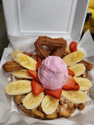 Funnel cake with churros and ice cream