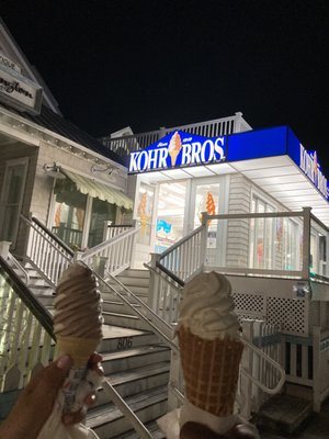 regular soft serve twist and soft serve vanilla in a waffle cone