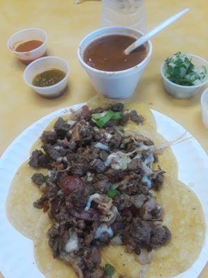 Tacos de alambre with my side of beans in back.