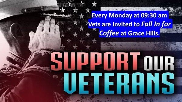 Fall In for Coffee, FREE for Vets every Monday at 9:30 am.