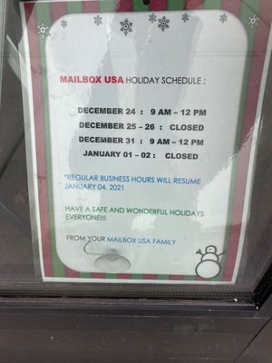 New holiday hours, still closed Sundays.