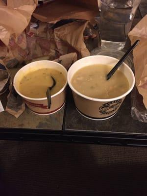 Cup of broccoli and bowl of white chicken chili !