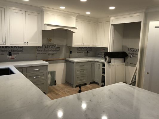 White Quartzite countertops sealed but dry with a honed finish