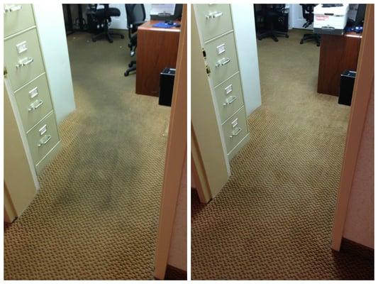 Before and After of our Carpet Cleaning Service. We use a shampoo and steam clean method for the best results possible.