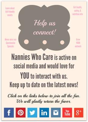 Nannies Who Care would like to connect with YOU on social media!