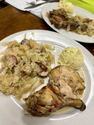 Chicken with smothered Cabbage & Potato Salad (cornbread not shown). Smothered Pork-chop in rear.