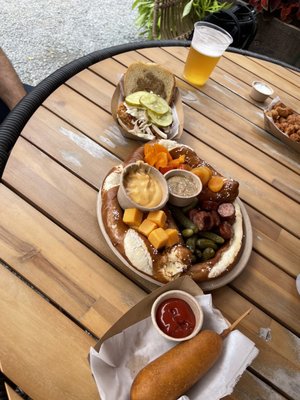 Pretzel Board, corn dog, schnitzel sandwich