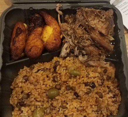 Large Carribean Platter with rice, jerk pork, and sweet plantains