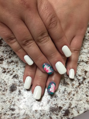 Acrylic fill in with shellac/gel polish and floral design on our lovely client, Nicole!