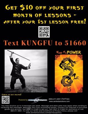 Join the TEXT Club today- TEXT KUNGFU TO 51660 to receive discounts, info, knowledge & power!!