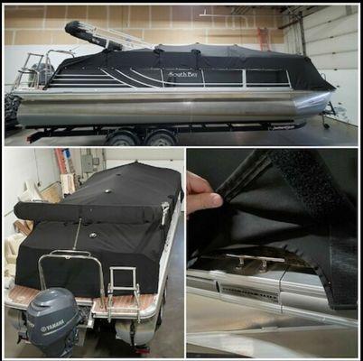 tritoon boat cover redone and reupholstered with new snaps, marine air vents, sunbrella at seams upholstery, llc