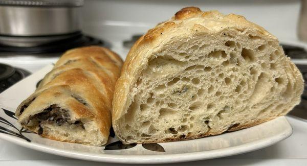 Half loaves of Blue Cheese Sourdough and Olive Bread. Sooo good!!