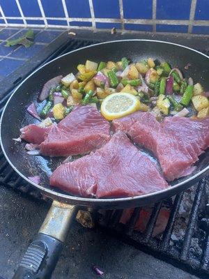 Grilling fresh tuna steaks