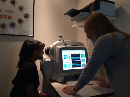 Special testing machines to diagnose and treat medical eye conditions.  Featured is an ocular coherence tomography machine.