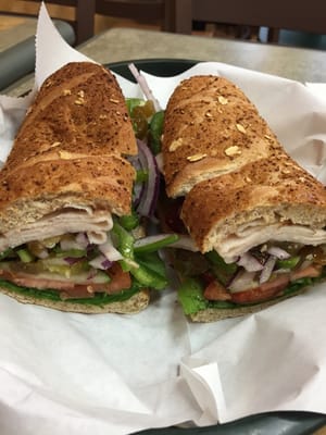 Fantastic sub! Turkey, all the veggies, NO CHEESE OR MAYO. Red vinegar, a shake of Parm, oregano and s & p on Honey oat! Yummmm