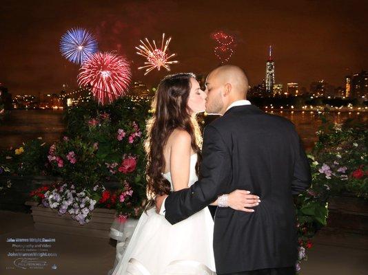 Firework backdrop for these lovely newlyweds.