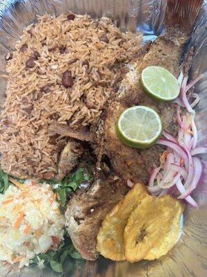 Creole Red Snapper, rice and beans, fried plantains, pikliz