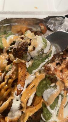 SoCal Asada fries: curly  fries, cheese, sour cream, guacamole, cilantro, grilled onions, grilled jalapeno, and sauce. $16.95.