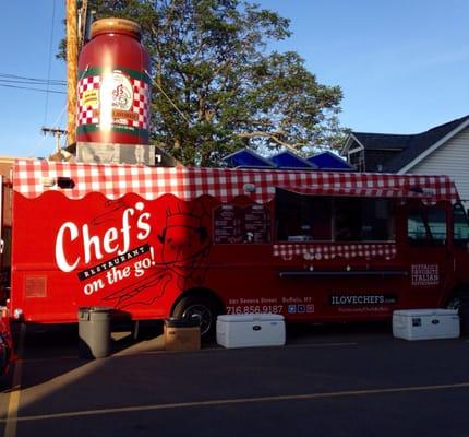 Giant food truck, complete with giant jar of Chef's tomato sauce.