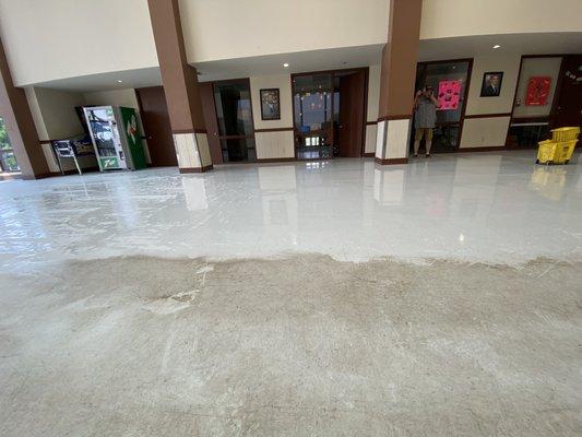 Before and after stripping of VCT floor at a local community center.