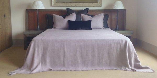 Custom tailored, Vintage Patina Belgian Linen bed cover and pillows.