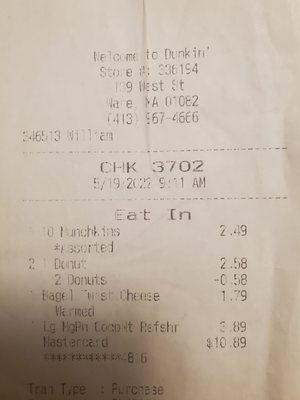 Receipt from 5/19/2022. 2 Donut (2 Donuts)