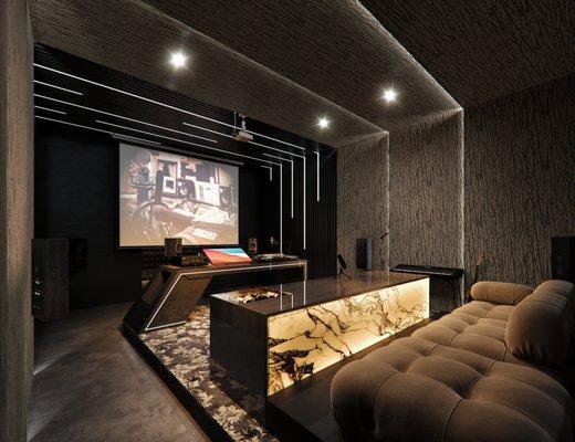 Dolby Atmos recording and post studio design using Trinnov amps and room correction, PMC speakers, ColorBeam lighting, and custom furniture.