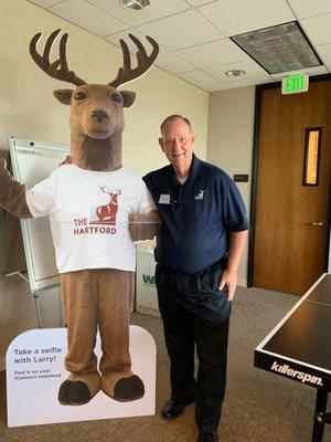 Introducing Hartford Insurance CO's. New Mascot Larry the Elk and myself, David Woodel.