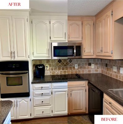 Updated 20 yr old cabinets with hardware and a bright SW Pure White!