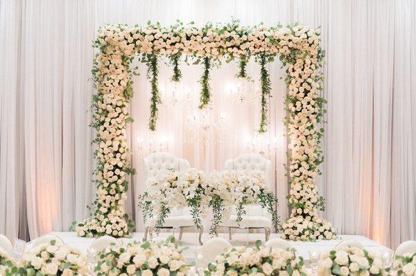 Bride & Groom Sweetheart Table, showcasing an amazing focal point with all white orchids, white roses & 5 Centered Crystal Chandeliers