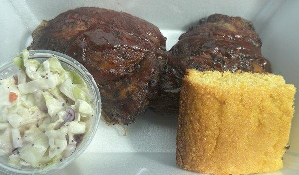 Smoked chicken thighs with coleslaw and cornbread. Good value for money