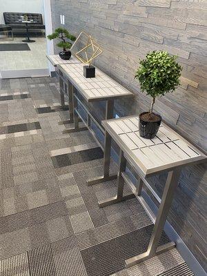 Custom stainless steel accent tables with white glass tile