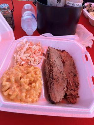 Brisket, coleslaw, and smoked mac