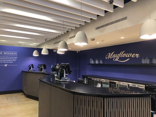 Mayflower Medical Dispensary interior in Boston's historic Allston neighborhood.