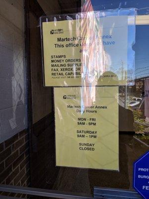 USPS post office - Martech Carrier Annex operating hours.