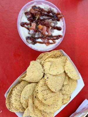 White queso and chips from taco truck