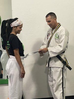 Stripes is how we check progress in class! Earning a stripe is one step closer to black belt!