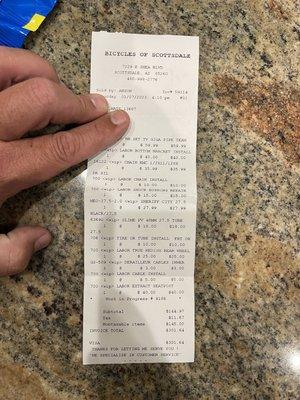 Receipt that shows bs charges. Overpriced parts and labor.