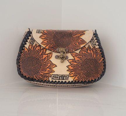 NEW Artisanal Expresso/Tan/Orange Embossed Sunflower Leather Purse  $79.00