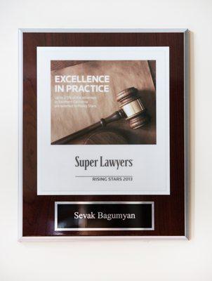 Awarded Super Lawyers Excellence in Practice in 2013