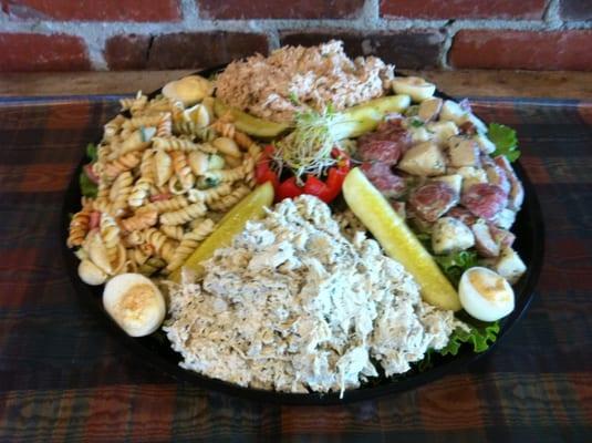 Salad Sampler Tray.  Chicken Salad, Tuna Salad, Pasta Salad, and Potato Salad